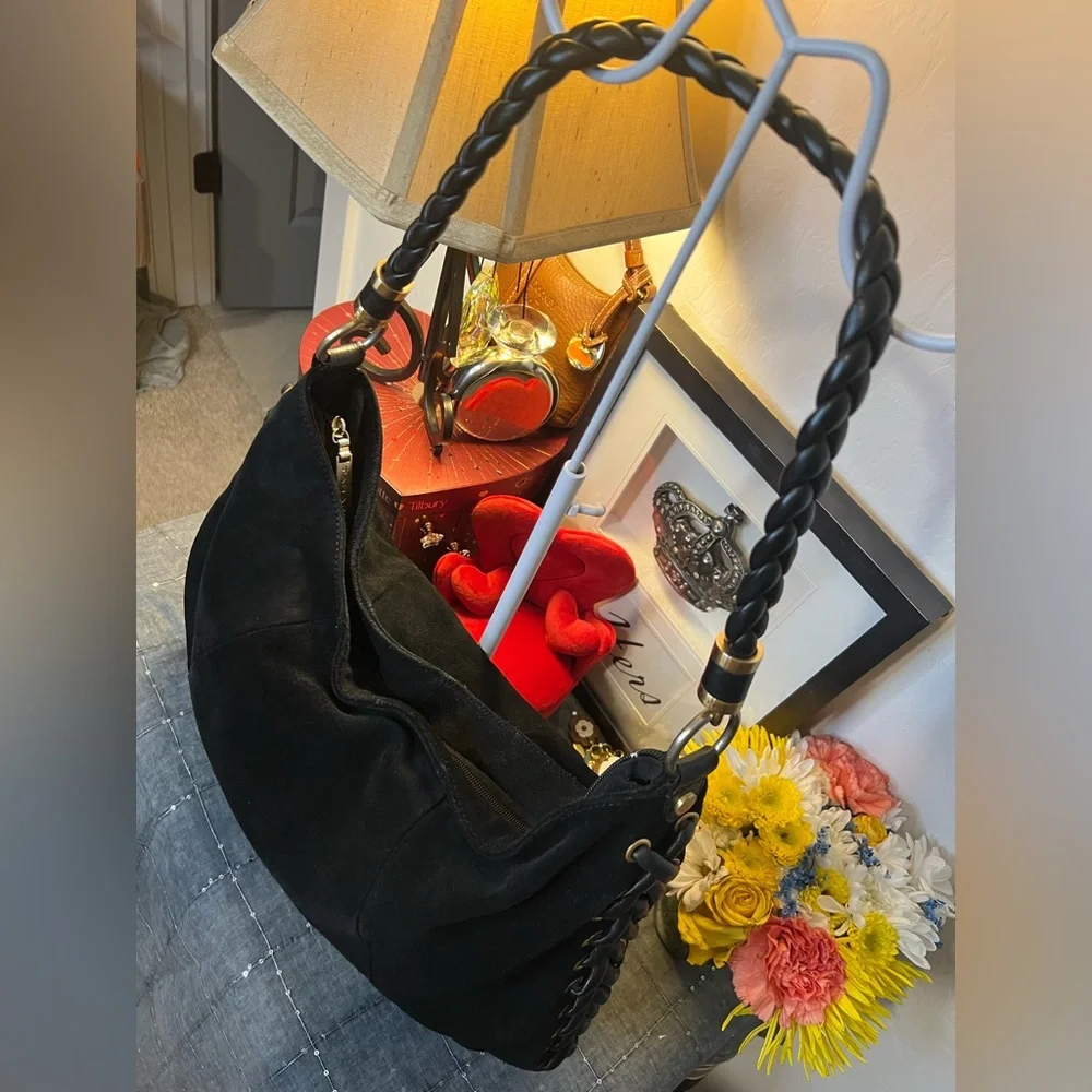 Tahari Black Suede & Braided Braided Leather Shoulder Bag